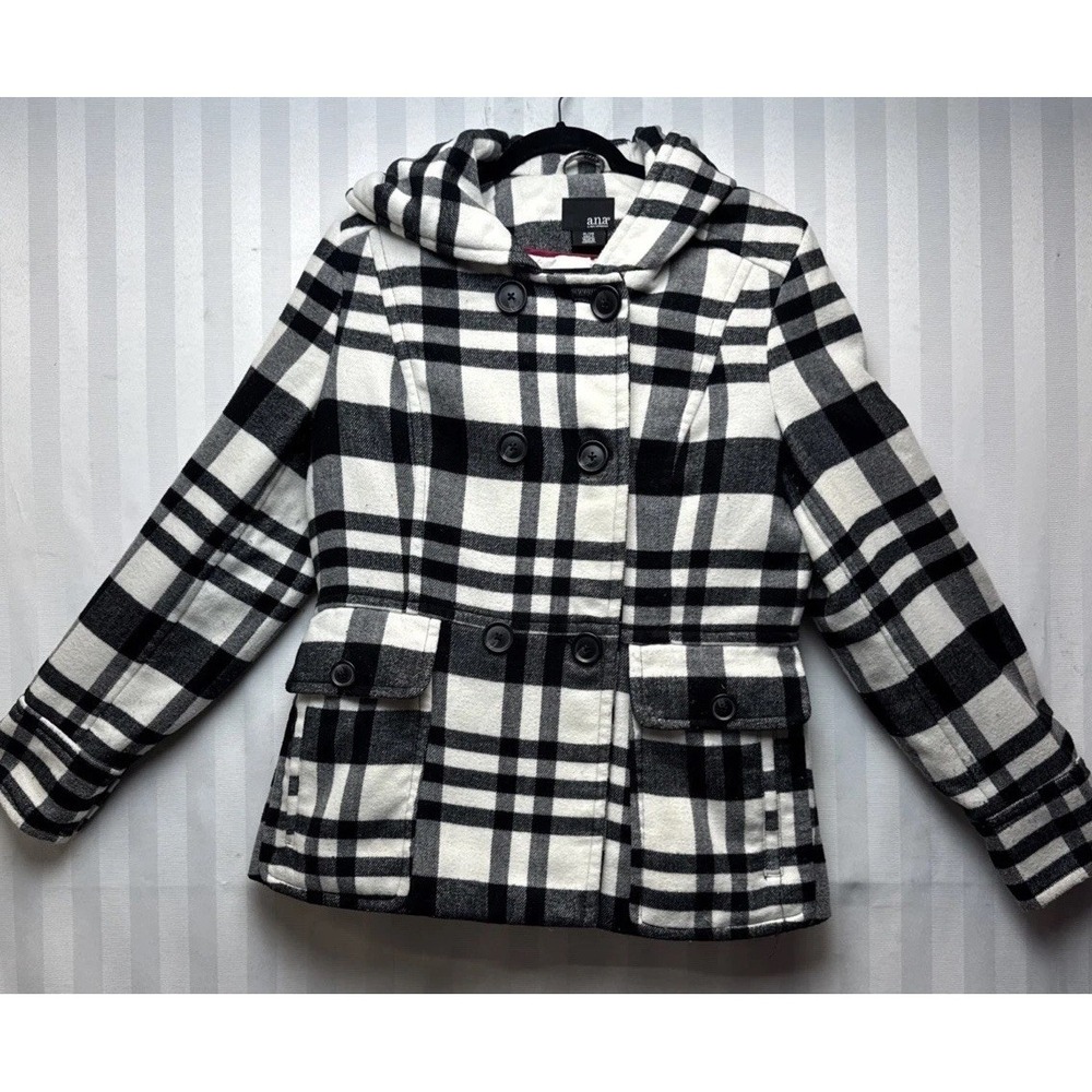 A.N.A Women's XL Large Black White Plaid Peacoat Hooded Pockets Outdoors Winger